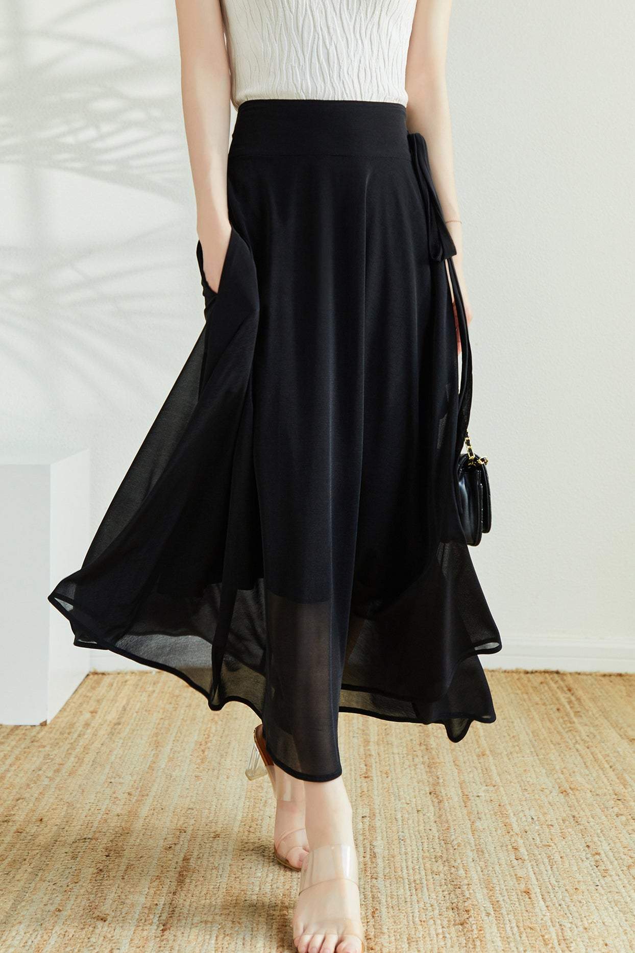 Side Ribbon Belt Long Flare Sheer Skirt with Lining - liwisi