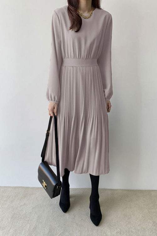 Round Neck Pleated Contrast Long Flare Dress - 4 Colors Available - liwisi