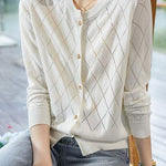 Round Neck Open Knit Check Pattern Cardigan - 3 Colors Available - liwisi