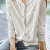 Round Neck Open Knit Check Pattern Cardigan - 3 Colors Available - liwisi