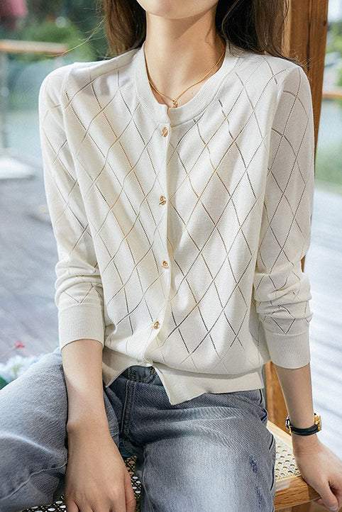 Round Neck Open Knit Check Pattern Cardigan - 3 Colors Available - liwisi