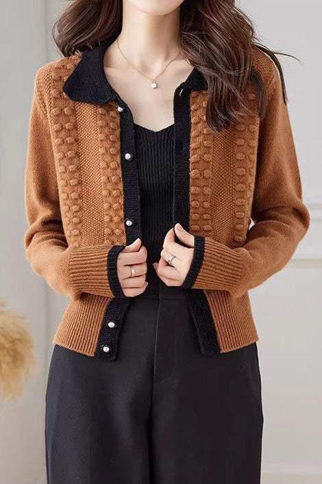 Shirt Collar Jacquard Knit Cardigan - 2 Colors Available - liwisi