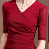 Short Sleeve V-Neck Front Cross Side Gathered Knit - 8 Colors Available - liwisi