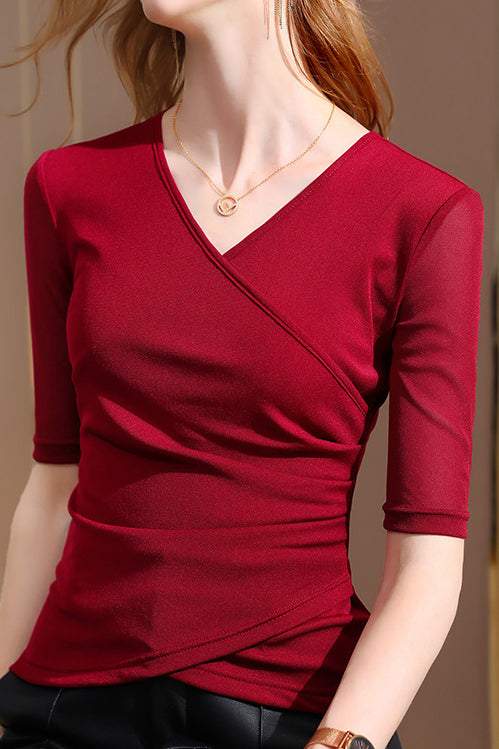 Short Sleeve V-Neck Front Cross Side Gathered Knit - 8 Colors Available - liwisi