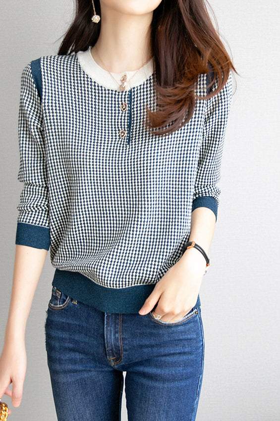 Round Neck Slit Opening Check Knit - 2 Colors Available - liwisi