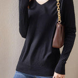 Solid-color V-neck knitted top - liwisi