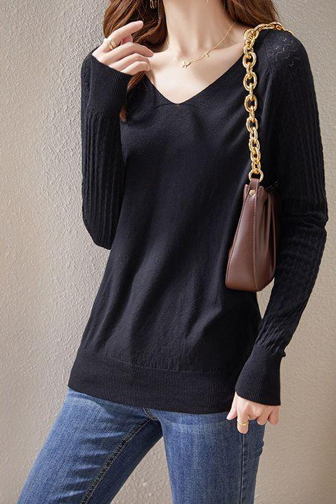 Solid-color V-neck knitted top - liwisi