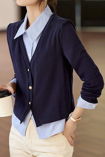 Blue Faux Two-Piece Striped Shirt - liwisi