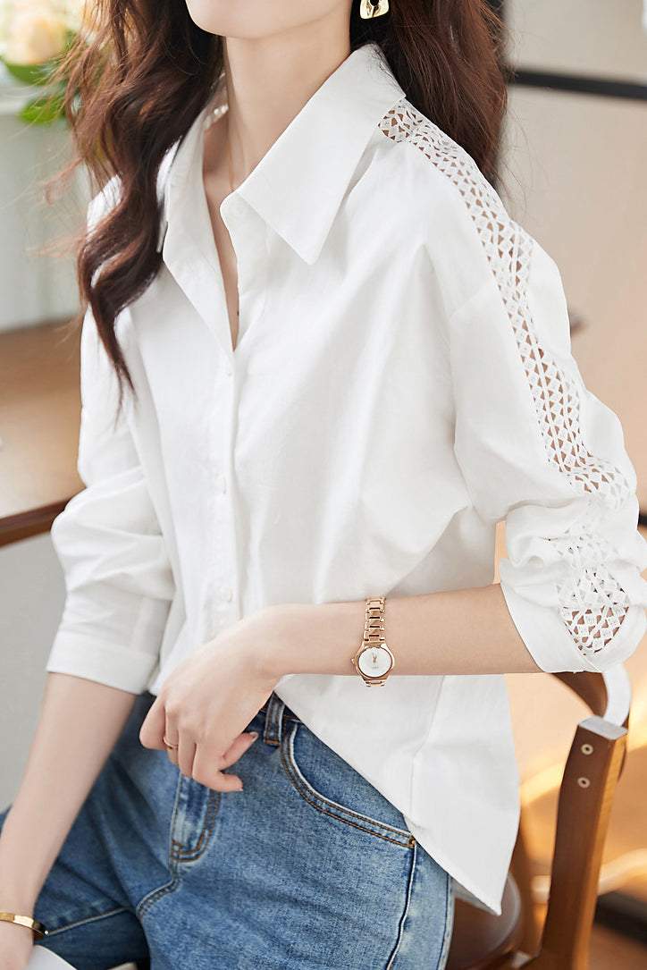 Sheer Lace Contrast Drop Shoulder Shirt - liwisi