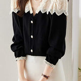 Mixed Material V-Neck Embroidered Lace Cape Shoulder Knit - liwisi