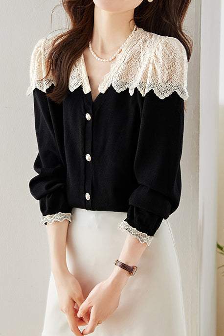 Mixed Material V-Neck Embroidered Lace Cape Shoulder Knit - liwisi