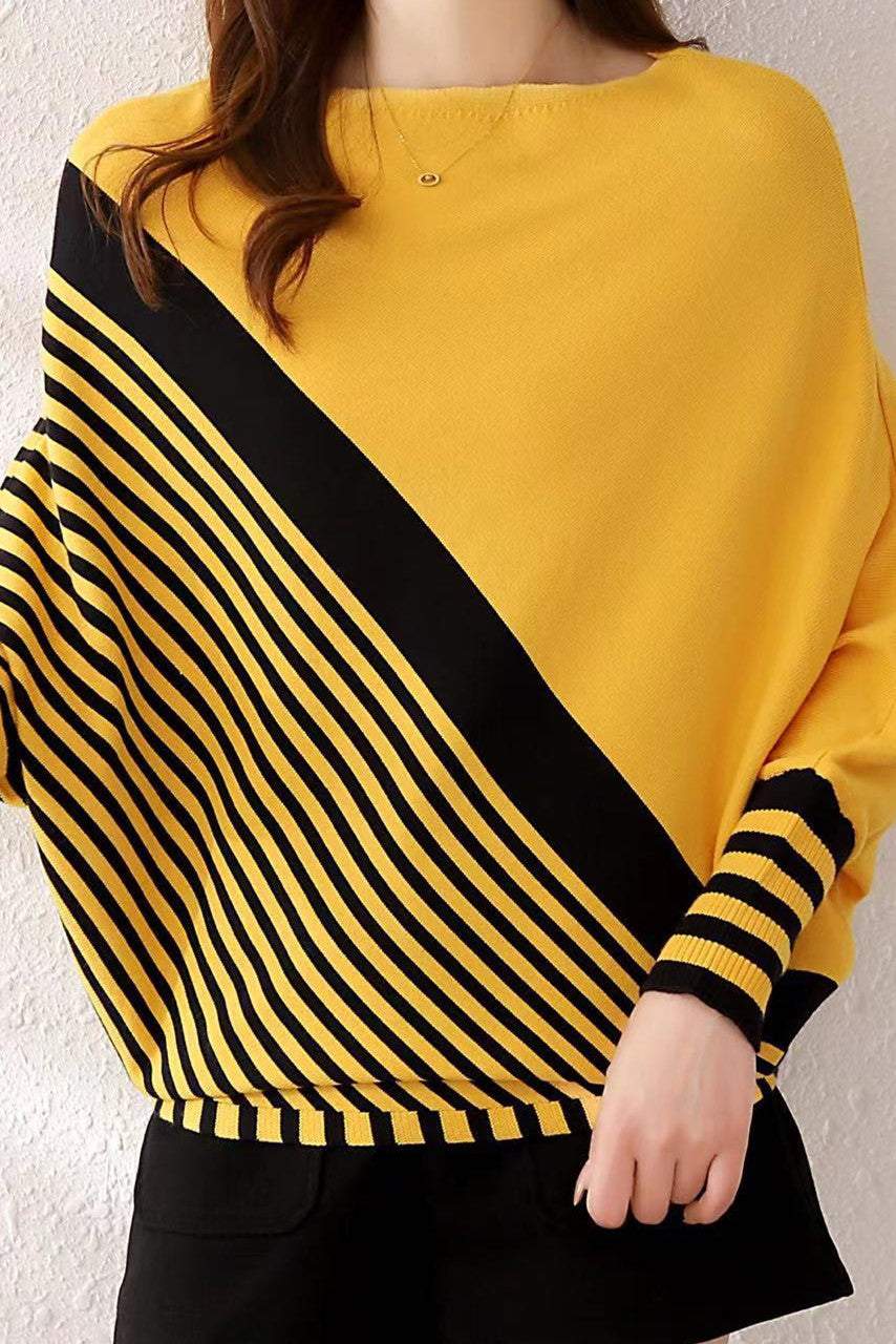 Round Neck Drop Shoulder Striped Contrast Knit - 5 Colors Available - liwisi