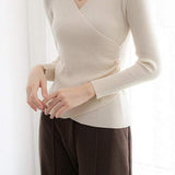 V-Neck Front Cross Side Gathered Button Decor Knit - 4 Colors Available - liwisi