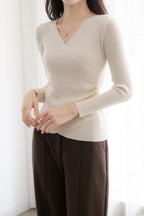 V-Neck Front Cross Side Gathered Button Decor Knit - 4 Colors Available - liwisi