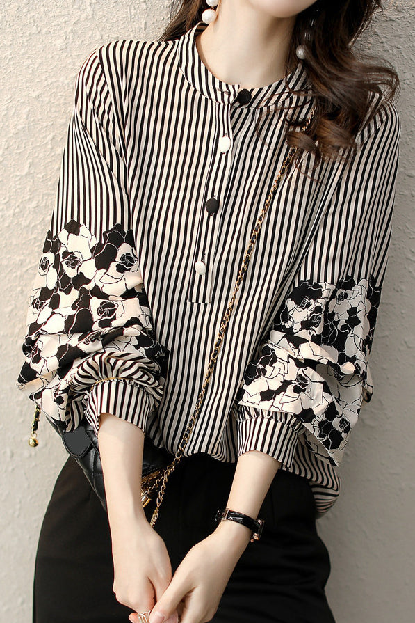 Striped lantern-sleeve shirt that is slimming and all-match - liwisi