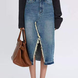 Fringe Decor Front Slit Long Denim Skirt - liwisi