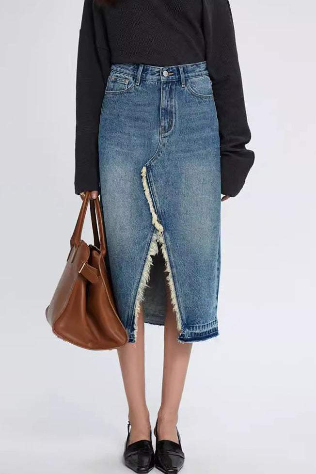 Fringe Decor Front Slit Long Denim Skirt - liwisi