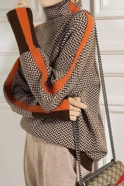Contrast-color high-neck knitted sweater - liwisi