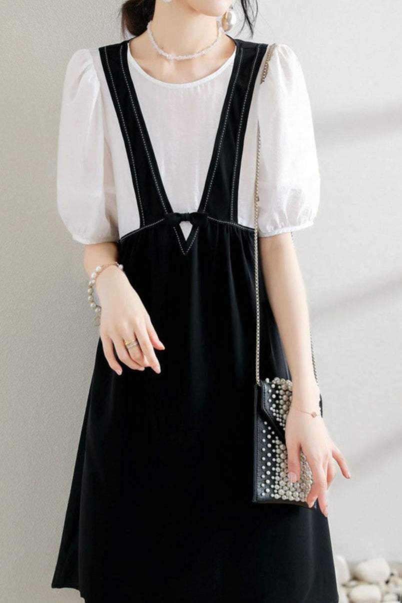 Layered Look Stitch Decor Semi-Flare Dress - 2 Colors Available - liwisi