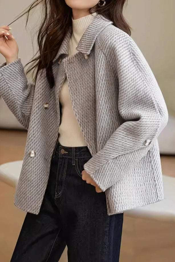 Stand Collar Double Button Melton Coat with Lining - liwisi