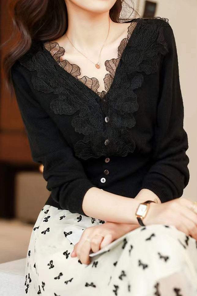 V-Neck Embroidered Lace Decor Knit Cardigan - 3 Colors Available - liwisi