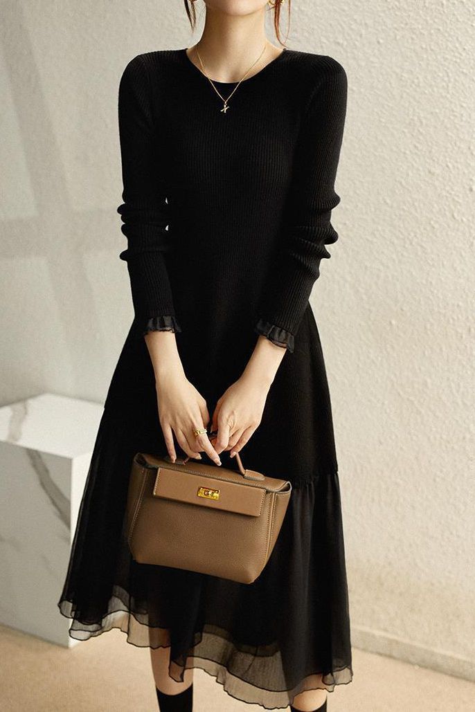 Color Block Slim Fit Faux Wool Dress - liwisi