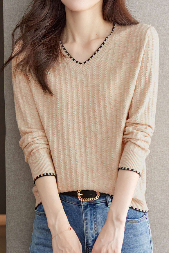 V-neck versatile ribbed knitwear - liwisi