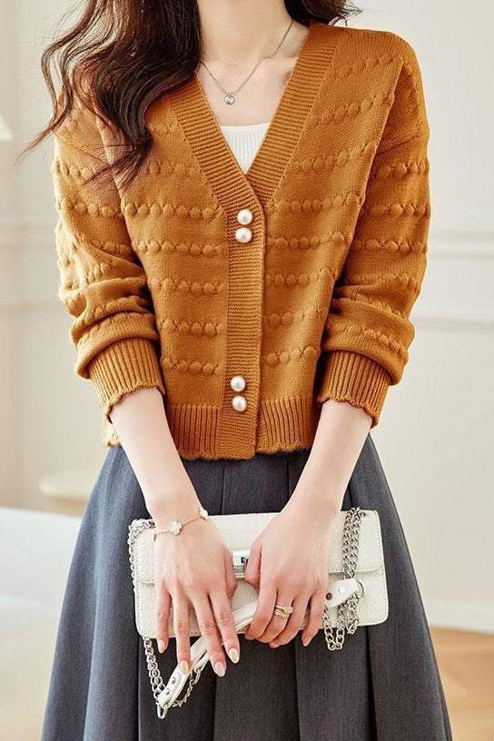 V-Neck Textured Knit Jacquard Cardigan - liwisi