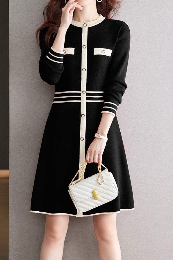 Color-Blocked Mid-Length Knit Dress - liwisi