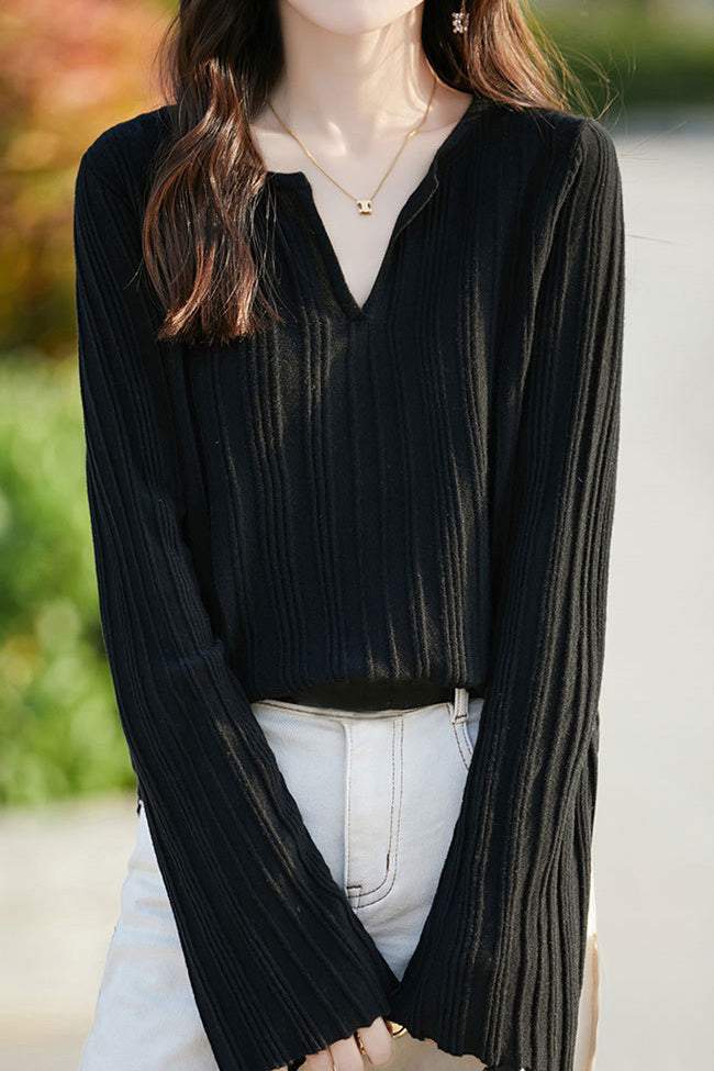 Half-open V-neck loose base layer shirt - liwisi