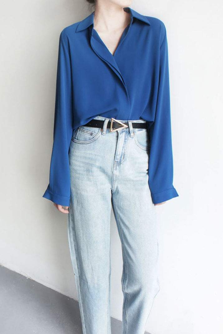 Skipper Collar Asymmetrical Long Sleeve Shirt - liwisi
