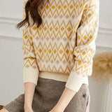 Casual Bottle Neck Diamond Pattern Knit Top - liwisi