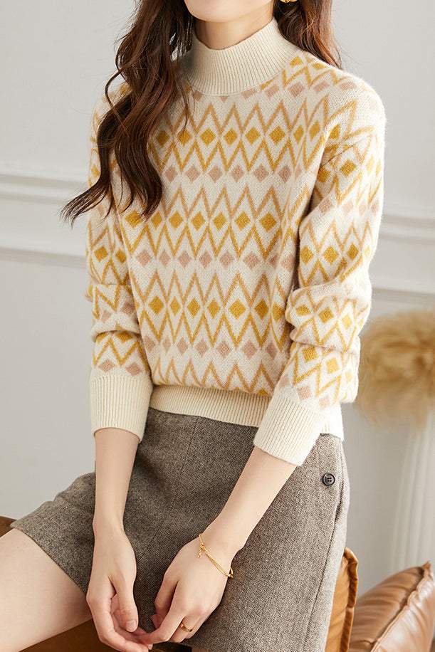 Casual Bottle Neck Diamond Pattern Knit Top - liwisi