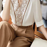 Scalloped V-Neck Embroidered Satin Blouse - liwisi