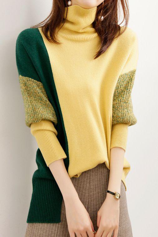 Contrast Turtleneck Leisure Knitted Sweater - liwisi