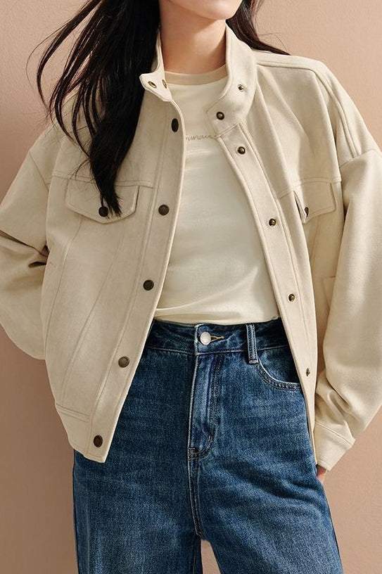 Stand Collar Short Jacket with Lining - 2 Colors Available - liwisi
