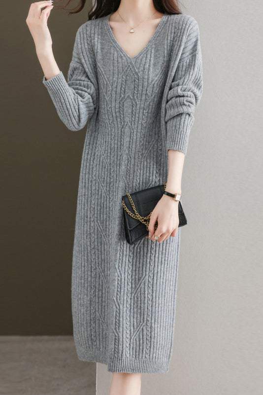Simple and Comfortable Long Jacquard Knit Dress in 2 Colors - liwisi