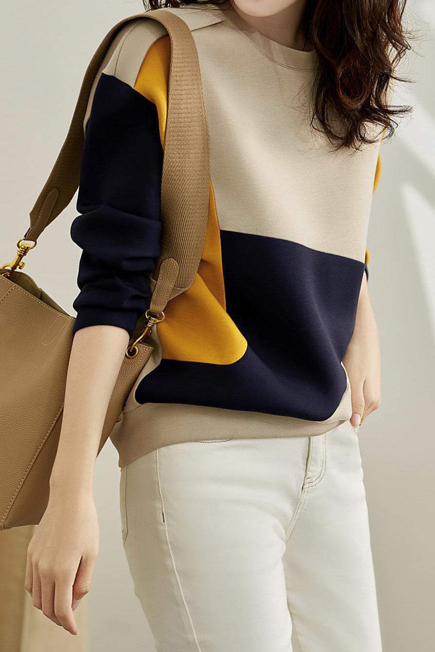 Round Neck Drop Shoulder Bi-Color Sweatshirt - liwisi