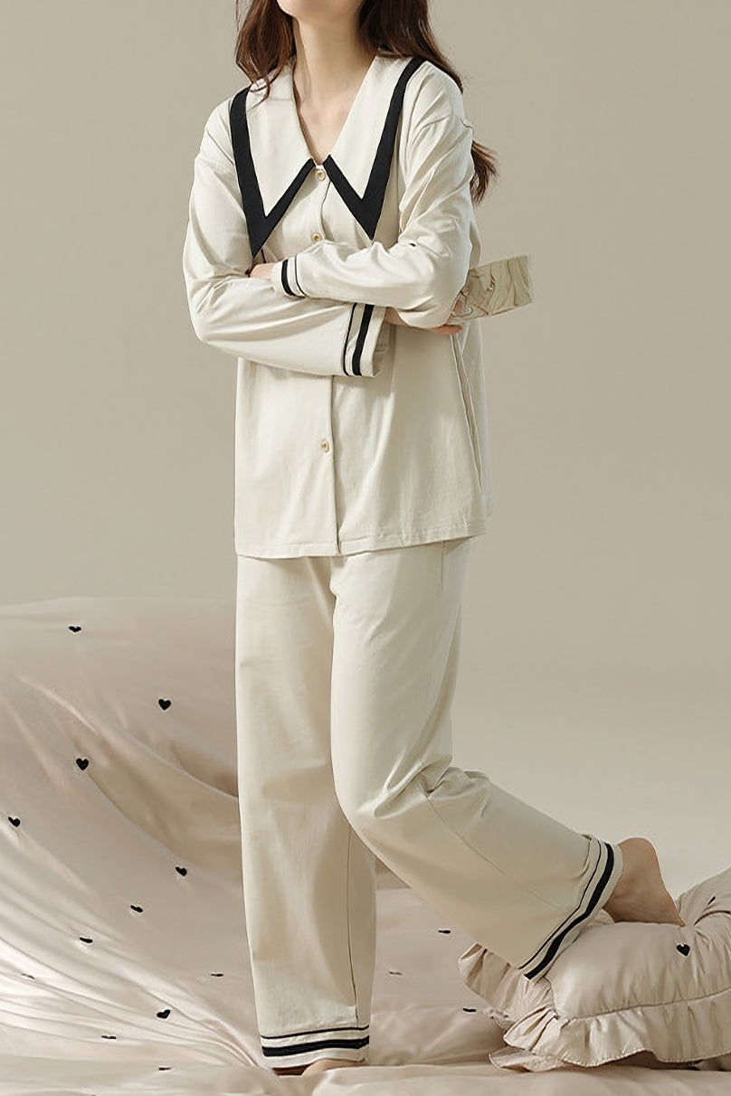 French-collar pure cotton women's loungewear set - liwisi