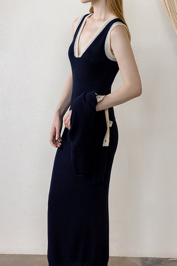 French color-block knitted dress and cardigan two-piece set - liwisi