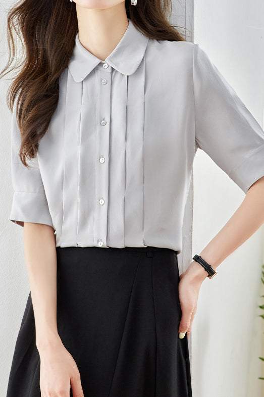 Peter Pan Collar Front Tuck Satin Blouse - 2 Colors Available - liwisi
