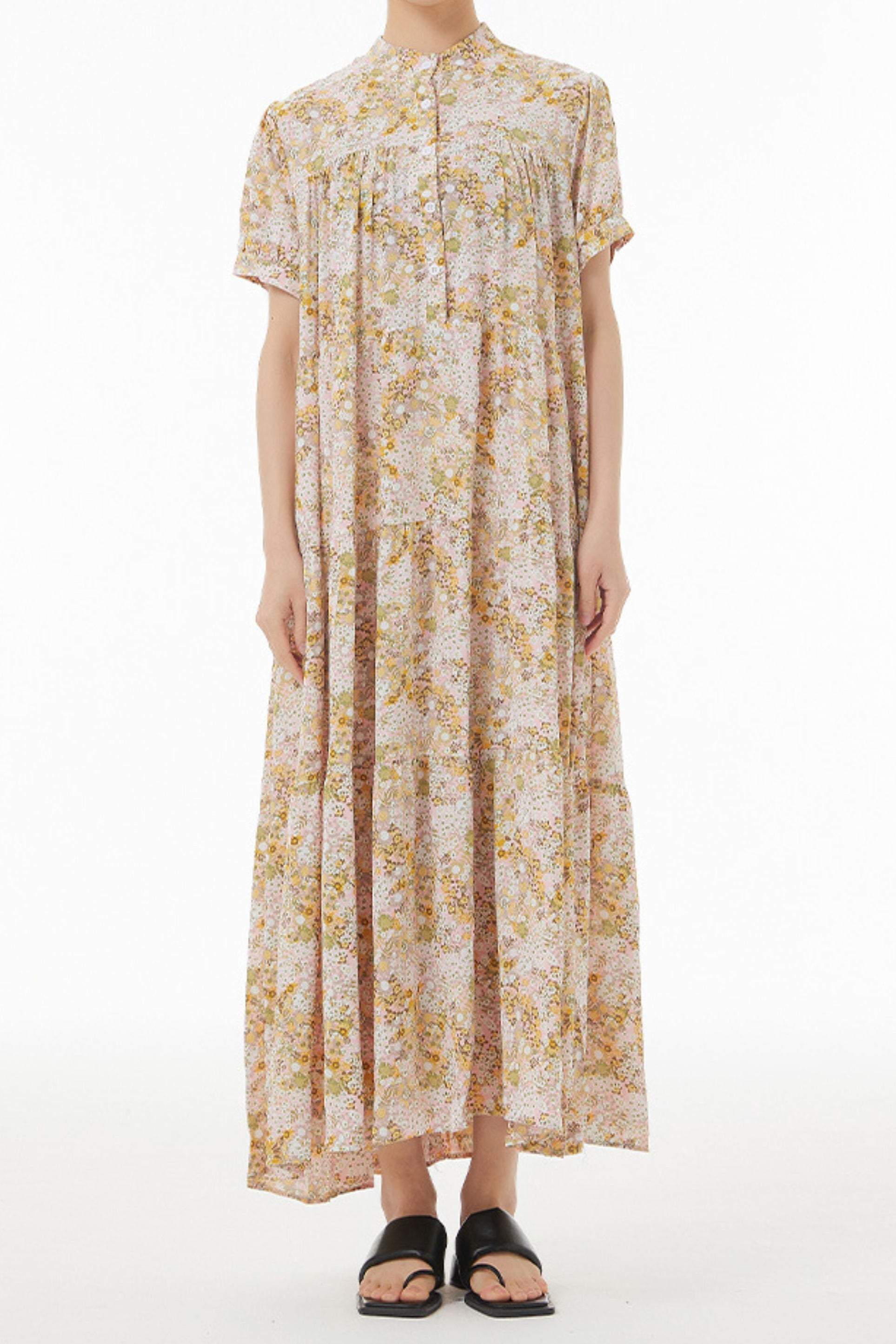 バンドカラー花柄ロングティアードワンピース 3色入 - liwisi