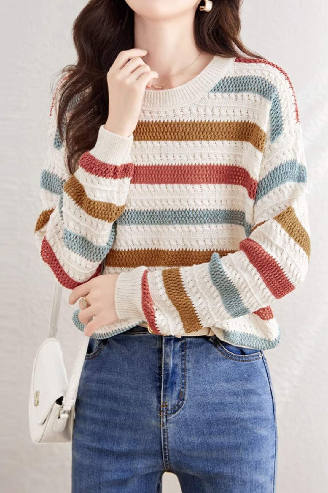 Color-Block Striped Loose Hollow-Out Long Sleeve Top - liwisi