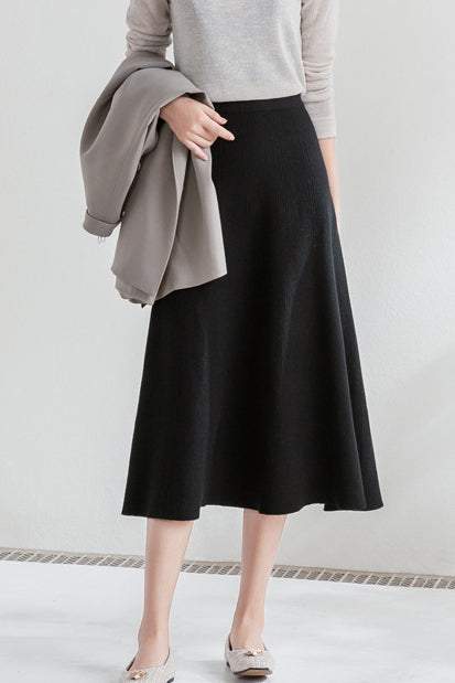 Knit A-Line Flare Long Floral Jacquard Skirt with Elastic Waist - 7 Colors Available - liwisi