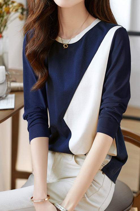Blue and White Color Block Round Neck Sweatshirt - liwisi