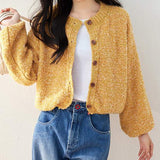 Yellow Single Button Oversized Round Neck Cardigan - liwisi