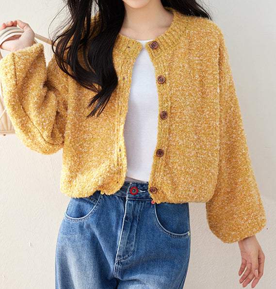 Yellow Single Button Oversized Round Neck Cardigan - liwisi