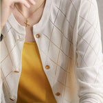 Round Neck Open Knit Check Pattern Cardigan - 3 Colors Available - liwisi