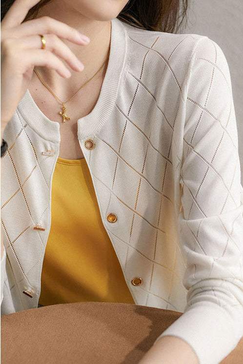 Round Neck Open Knit Check Pattern Cardigan - 3 Colors Available - liwisi
