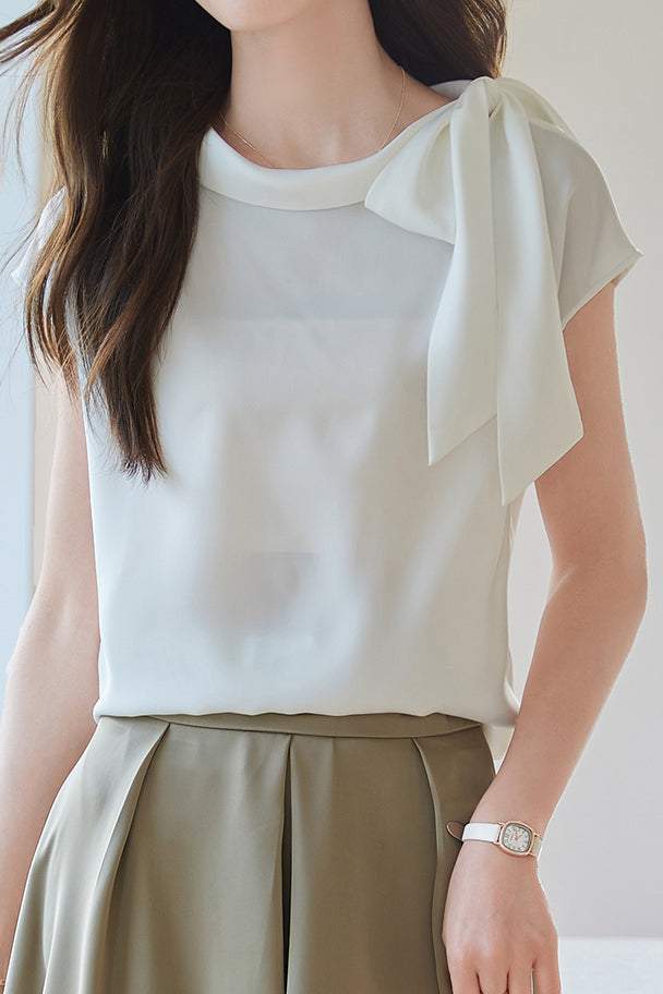Diagonal Bow Tie Collar Drop Shoulder Satin Blouse - 2 Colors Available - liwisi